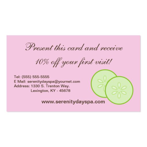 Pink Spa Girl Cucumber Spa Massage Business Card (back side)