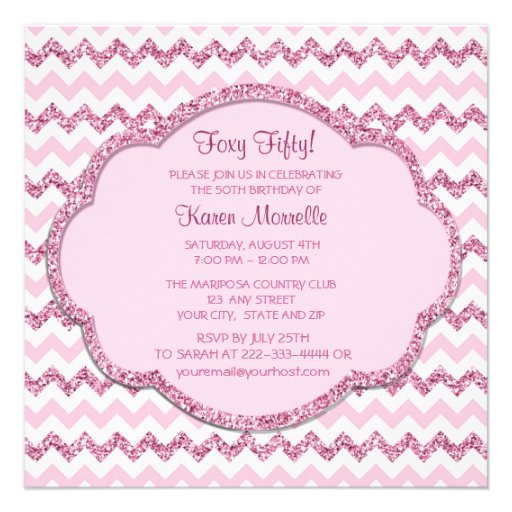 Pink Sparkle Chevron Womans 50th Birthday Party Announcement