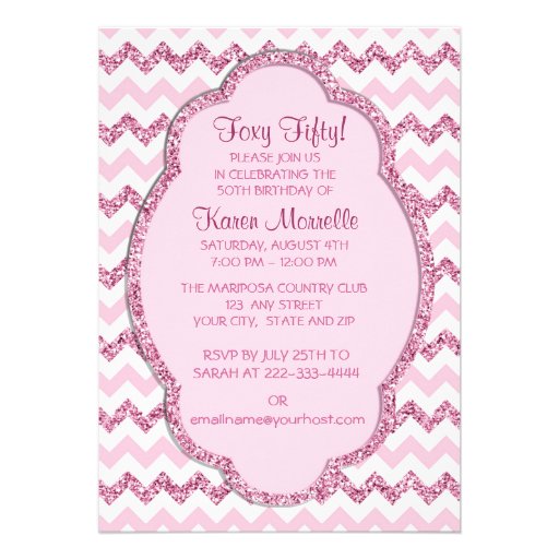 Pink Sparkle Chevron Womans 50th Birthday Party Invitations