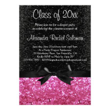Pink Sparkle-look Black Bow Graduation Invitation