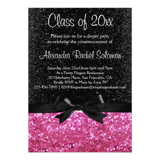 Pink Sparkle-look Black Bow Graduation Invitation (front side)