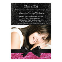 Pink Sparkle-look Bow Photo Graduation Invitation