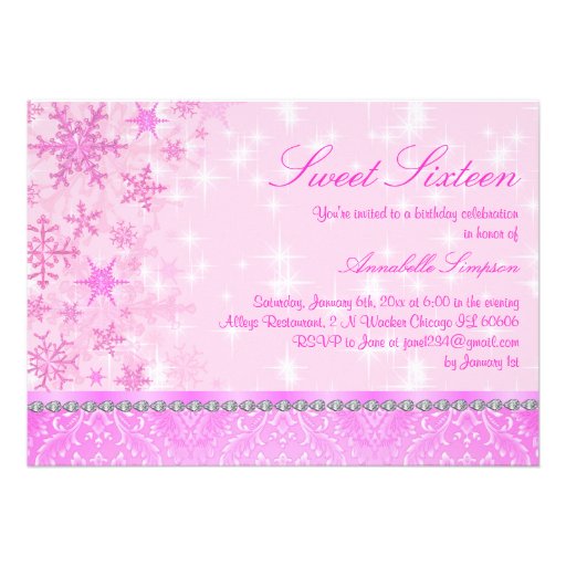 Pink Sparkle Snowflake Sweet16 Invite