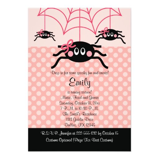 Pink Spider Halloween Birthday Invitations (front side)