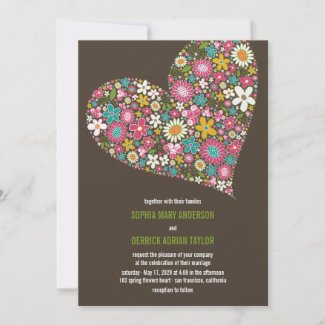 Pink Spring Flowers Heart Whimsical Wedding Invite invitation