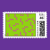 pink squiggles on lime abstract postal stamp