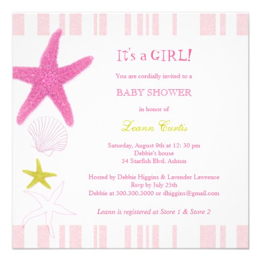 Pink Starfish, Stripes Nautical Baby Shower Invite (front side)