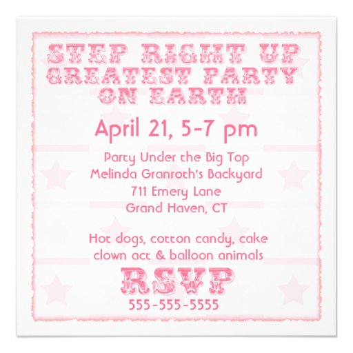 Pink Step Right Up Circus Birthday Invitations