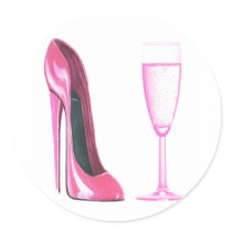 Pink Stiletto Shoe and Champagne Glass Round Stickers