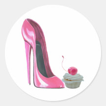 Pink Stiletto Shoe and Cupcake Round Sticker
