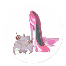 Pink Stiletto Shoes and Lilies Round Stickers