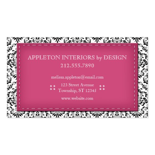 Pink Stitched Damask Interior Designer Business Cards (back side)