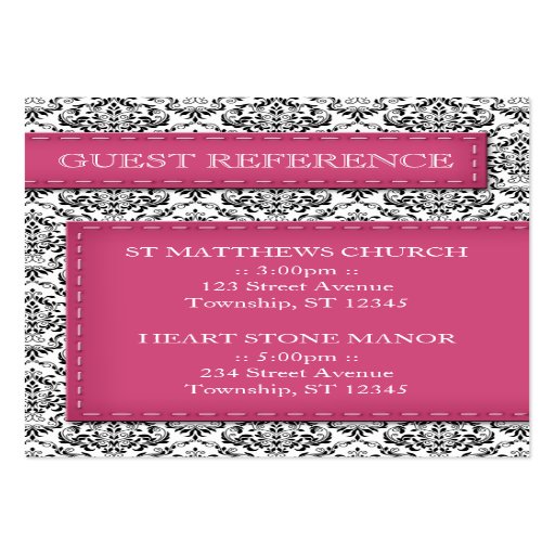 Pink Stitched Damask Wedding Guest Reference Cards Business Card