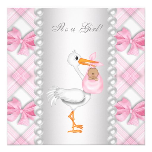 Pink Stork African American Baby Girl Shower Announcements