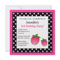 Pink Strawberry Birthday Black & White Polka Dots Personalized Announcement