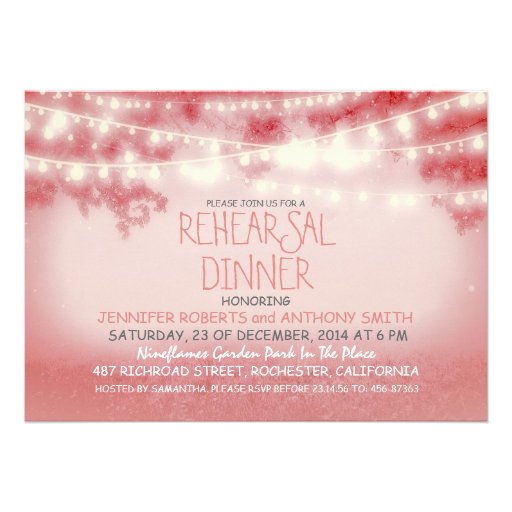 pink string of lights rustic rehearsal dinne invite