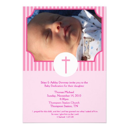 Pink Stripe Baptism Baby Dedication 5x7 photo Custom Invitations (front side)