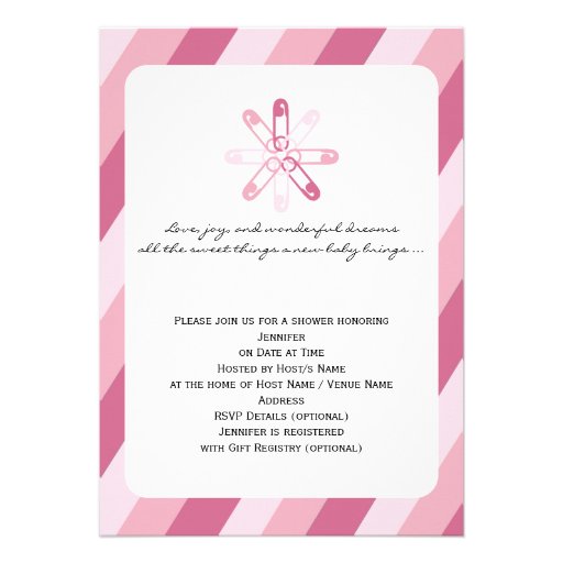Pink Stripe Diaper Pin Baby Girl Shower Announcements