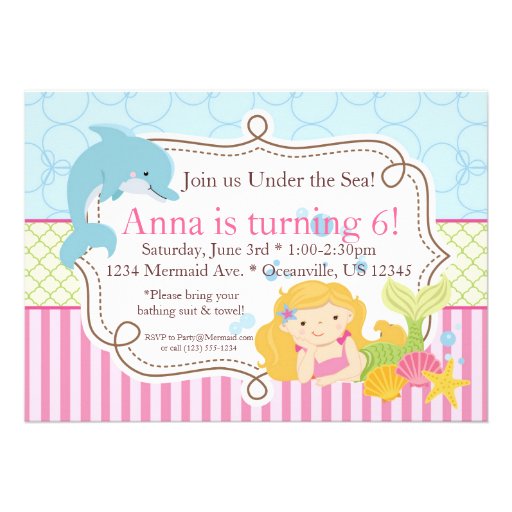 Pink Stripe, Dolphin, Girl Mermaid Birthday Party Personalized Announcement