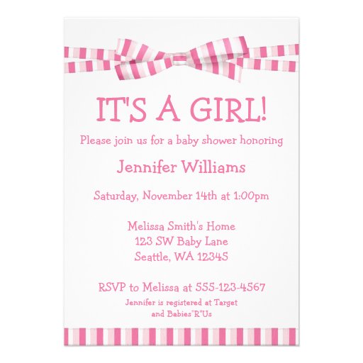 Pink Stripe Ribbon Bow Baby Girl Shower Invitation (front side)