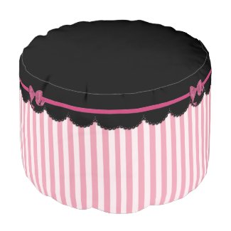 Pink Stripes and Black Lace Round Pouf