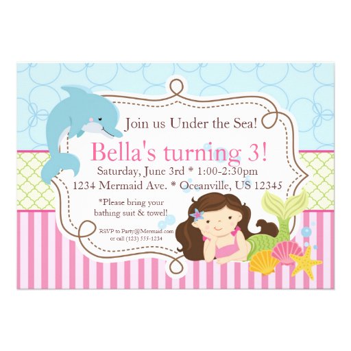 Pink Stripes, Dolphin and Mermaid Birthday Party Invite
