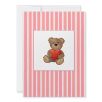 Pink Stripes - Teddy Bear with Valentines Heart Announcements