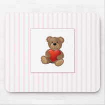 Pink Stripes - Teddy Bear with Valentines Heart mousepads