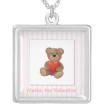 Pink Stripes - Teddy Bear with Valentines Heart necklaces