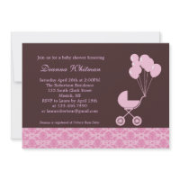 Pink Stroller with Balloons Baby Shower Invitation