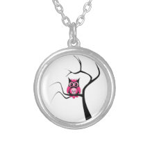 Pink Sugar Skull Owl in Tree Necklace