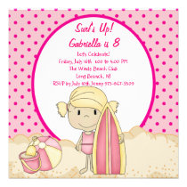 Pink Surfer Girl Beach Party Birthday Invitation