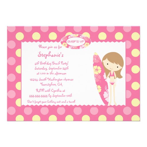 Pink surf's up swimming birthday party invitation
