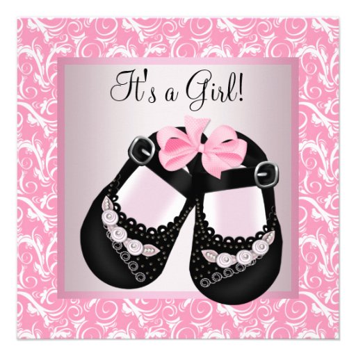 Pink Swirl Black Shoes Pink Black Baby Girl Shower Announcements