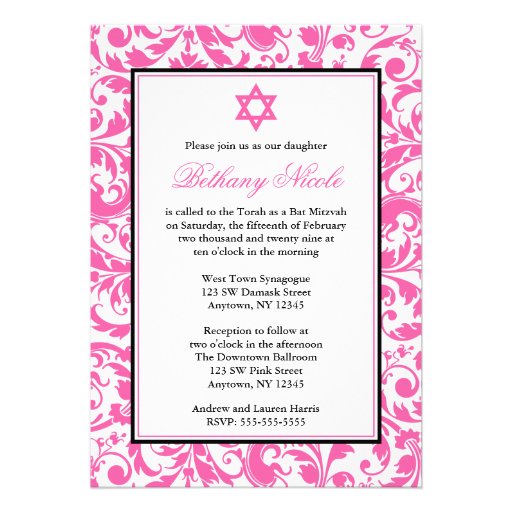 Pink Swirl Damask Bat Mitzvah Invitations