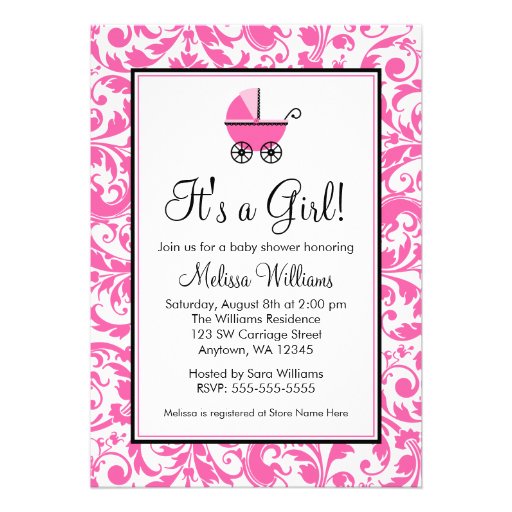 Pink Swirl Damask Carriage Girl Baby Shower Personalized Invitation