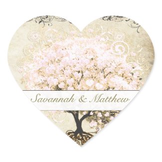 Pink Swirl Heart Leaf Tree Wedding Seal Heart Stickers