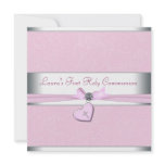 Pink Swirl Heart Pink Cross First Communion Invitation