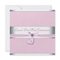 Pink Swirl Heart Pink Cross First Communion Invitation