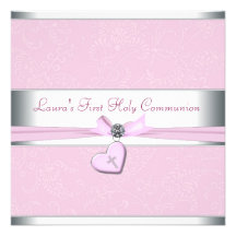 Pink Swirl Heart Pink Cross First Communion Invitation