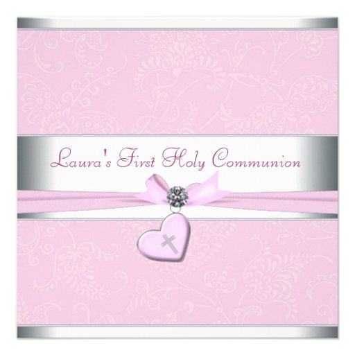 Pink Swirl Heart Pink Cross First Communion Invitation