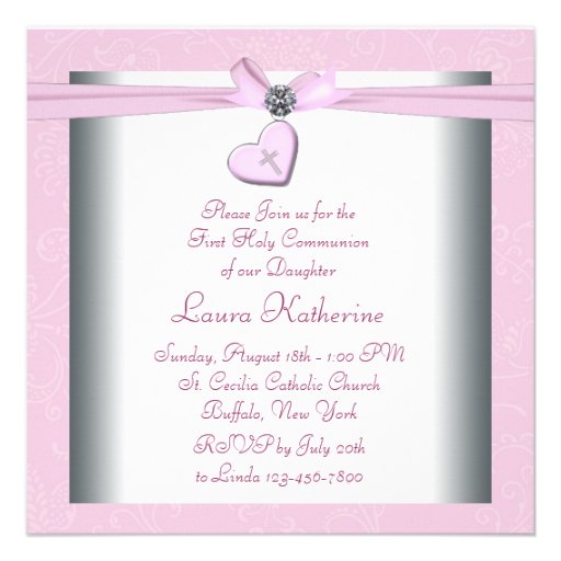 Pink Swirl Heart Pink Cross First Communion Invitation