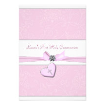 Pink Swirl Heart Pink Cross First Communion Invitations