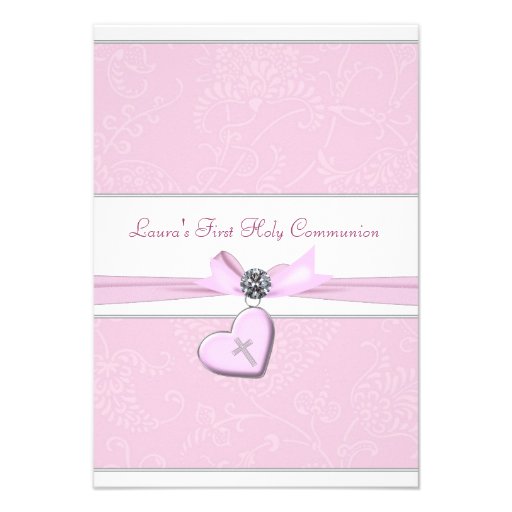 Pink Swirl Heart Pink Cross First Communion Invitations (front side)