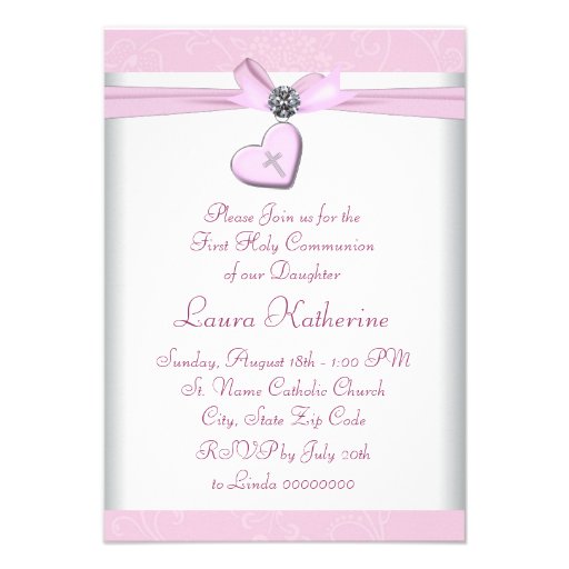 Pink Swirl Heart Pink Cross First Communion Invitations