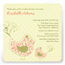 Pink Swirly Mom & Baby Bird Baby Shower Invitation