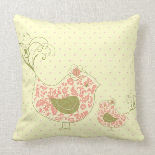 Pink Swirly Mom & Baby Bird  Whimsical Cushion Pillows