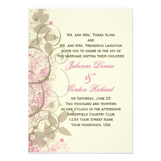 Pink Tan Grunge Swirls Leaves Wedding Invitation