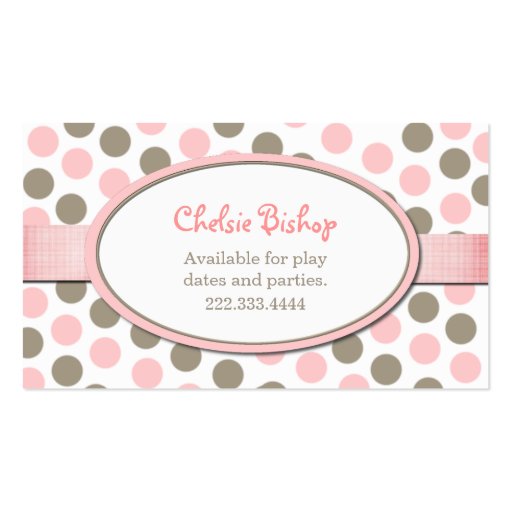 Pink & Taupe Polka Dot Play date card Business Card (front side)