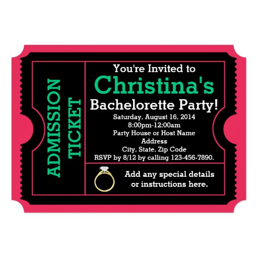 Pink/Teal Bachelorette Party Ticket Invitation